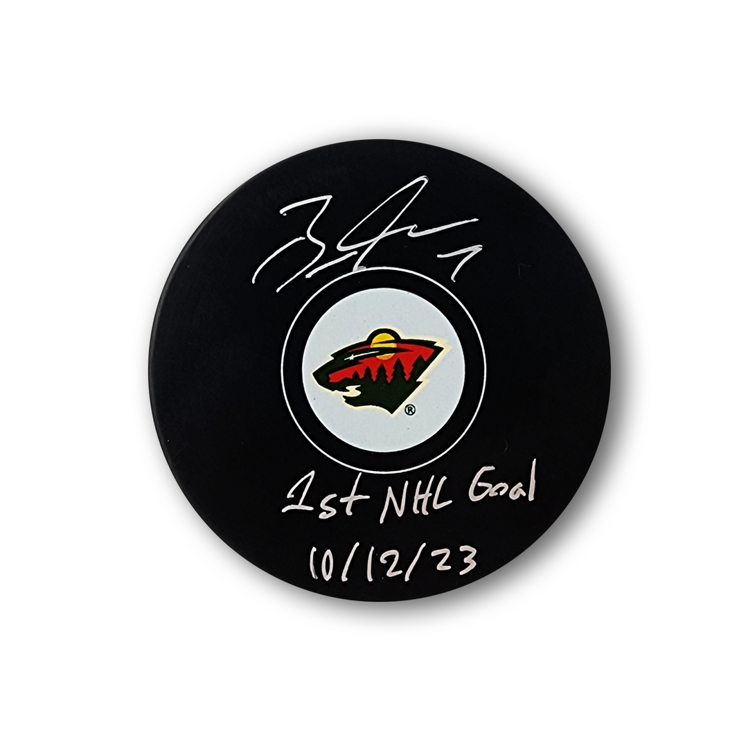 Brock Faber Autographed Minnesota Wild Hockey Puck Inscribed 1st Goal