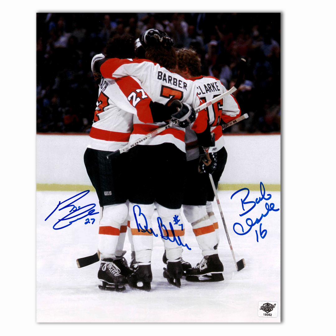 Bobby Clarke, Bill Barber, and Reggie Leach Autographed Philadelphia Flyers 8x10 Photo