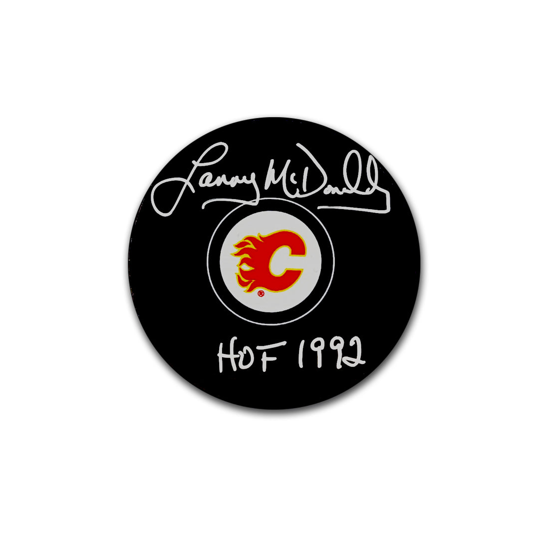 Lanny McDonald Calgary Flames Autographed Hockey Puck Inscribed HOF 1992