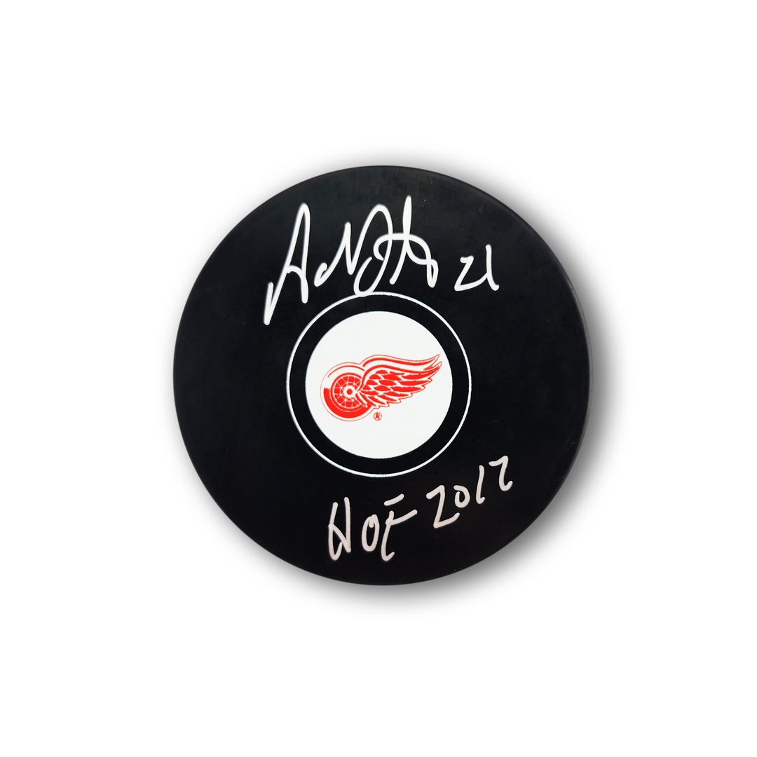 Adam Oates Autographed Detroit Red Wings Hockey Puck Inscribed HOF