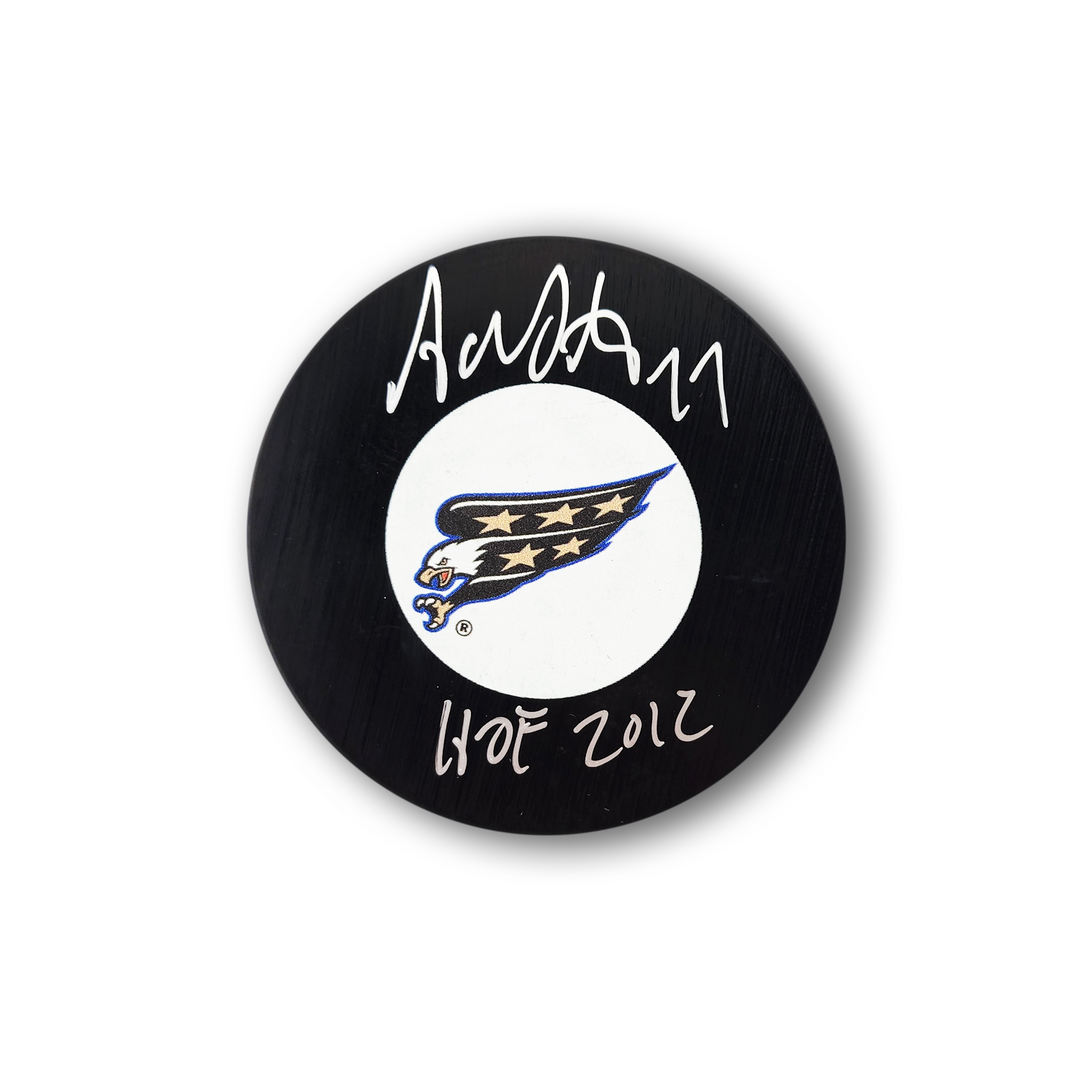 Adam Oates Autographed Washington Capitals Hockey Puck Inscribed HOF