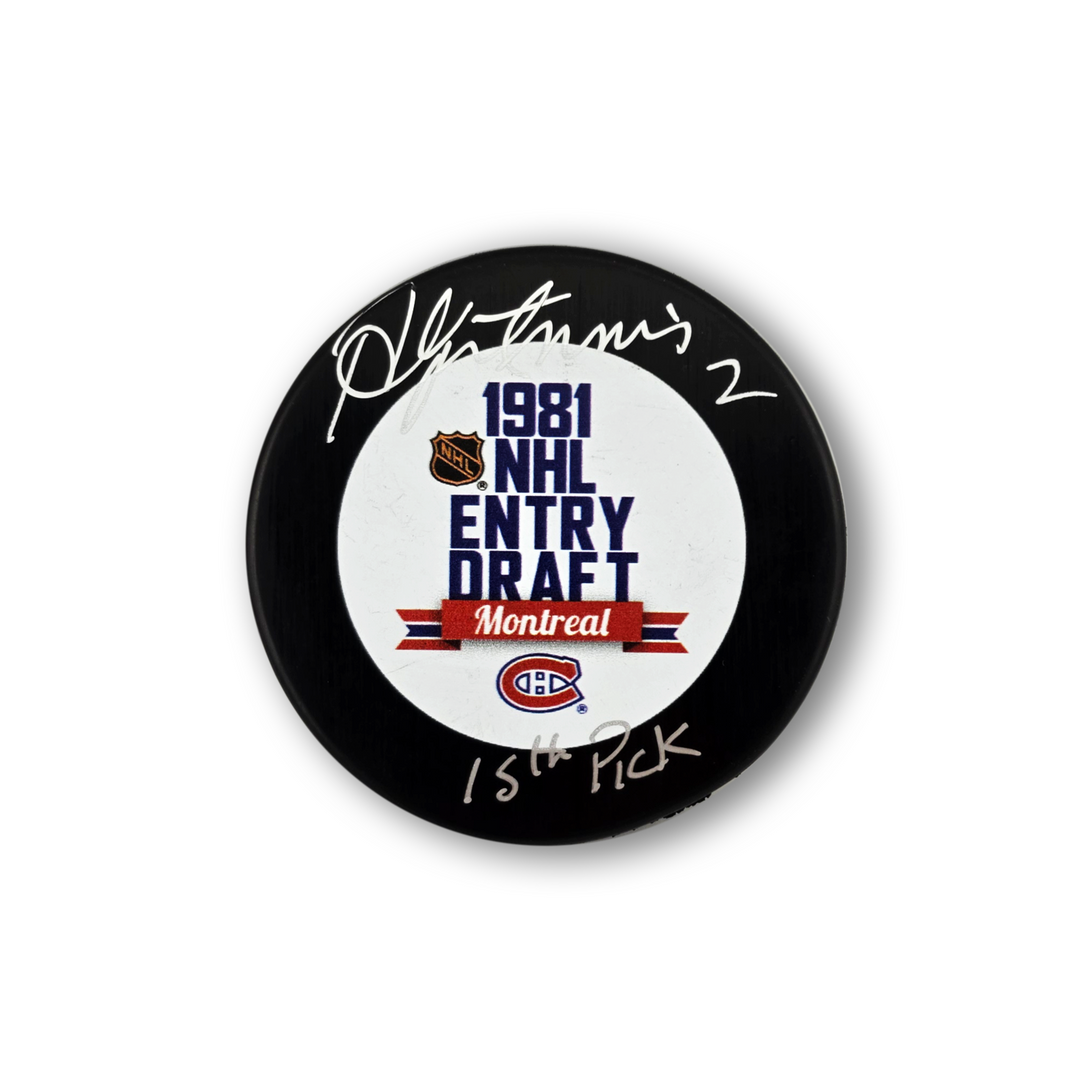 Al MacInnis Autographed 1981 NHL Draft Hockey Puck Inscribed 15th Pick