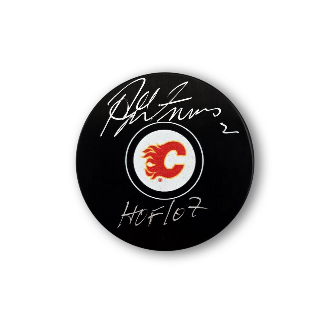 Al MacInnis Autographed Calgary Flames Hockey Puck Inscribed HOF 07