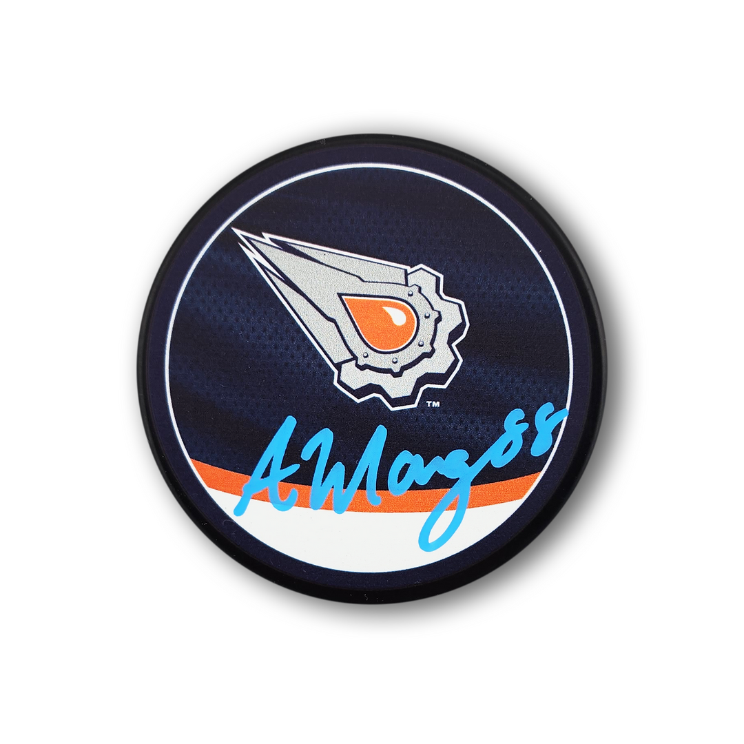 Andrew Mangiapane Autographed Edmonton Oilers Reverse Retro Hockey Puck