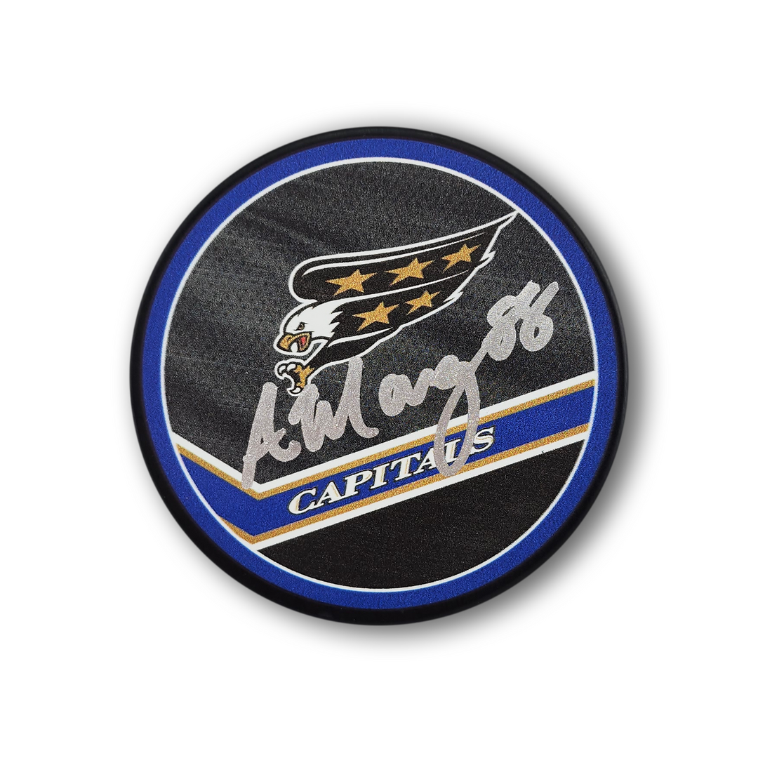 Andrew Mangiapane Autographed Washington Capitals Reverse Retro Hockey Puck