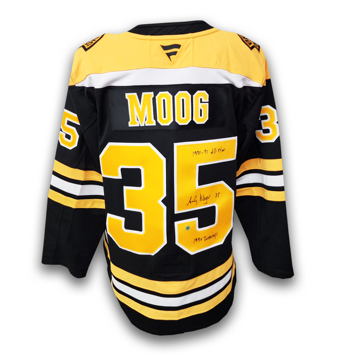 Andy Moog Autographed Boston Bruins Fanatics Premium Jersey Career Inscriptions