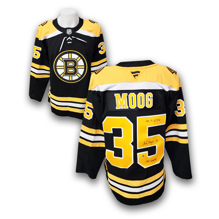 Andy Moog Autographed Boston Bruins Fanatics Premium Jersey Career Inscriptions