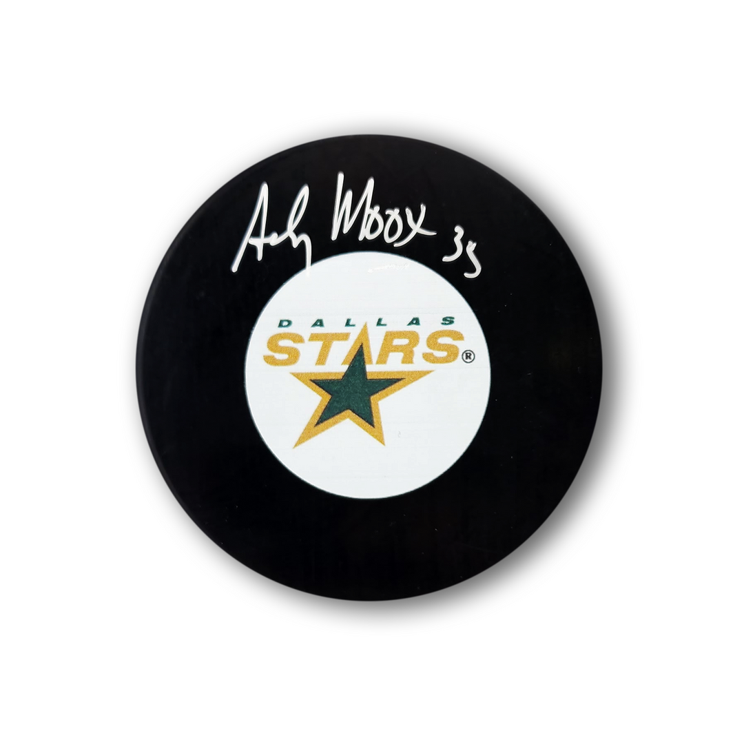 Andy Moog Autographed Dallas Stars Hockey Puck