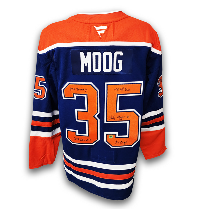 Andy Moog Autographed Edmonton Oilers Fanatics Premium Jersey Career Inscriptions