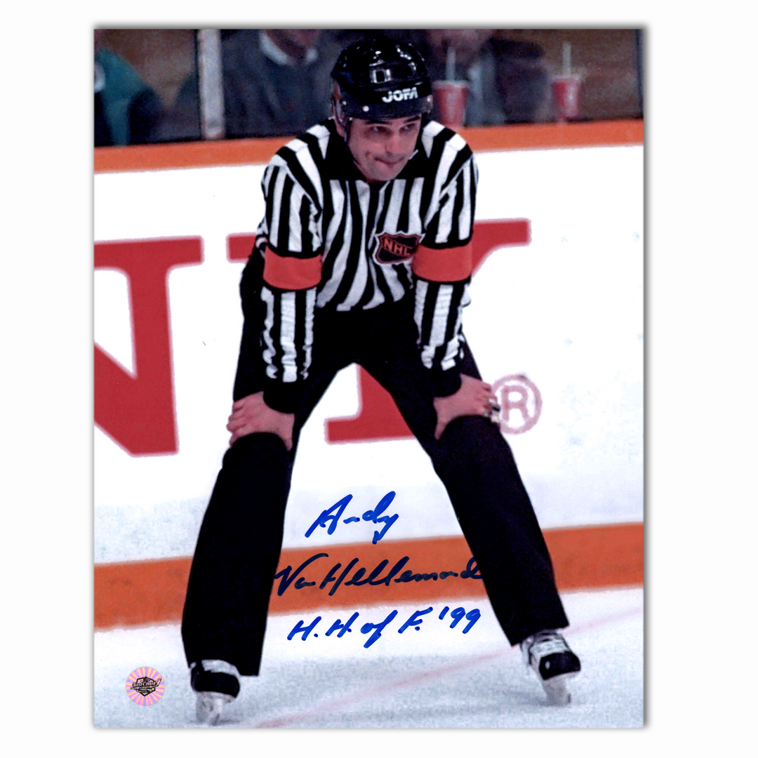 Andy Van Hellemond Autographed NHL Official Referee 8x10 Photo (Hands On Knees)