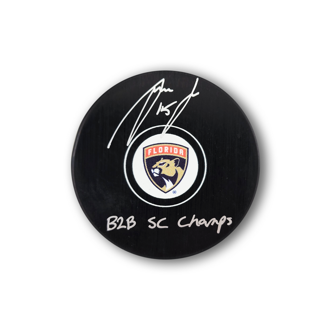 Anton Lundell Autographed Florida Panthers Hockey Puck Inscribed B2B SC Champs