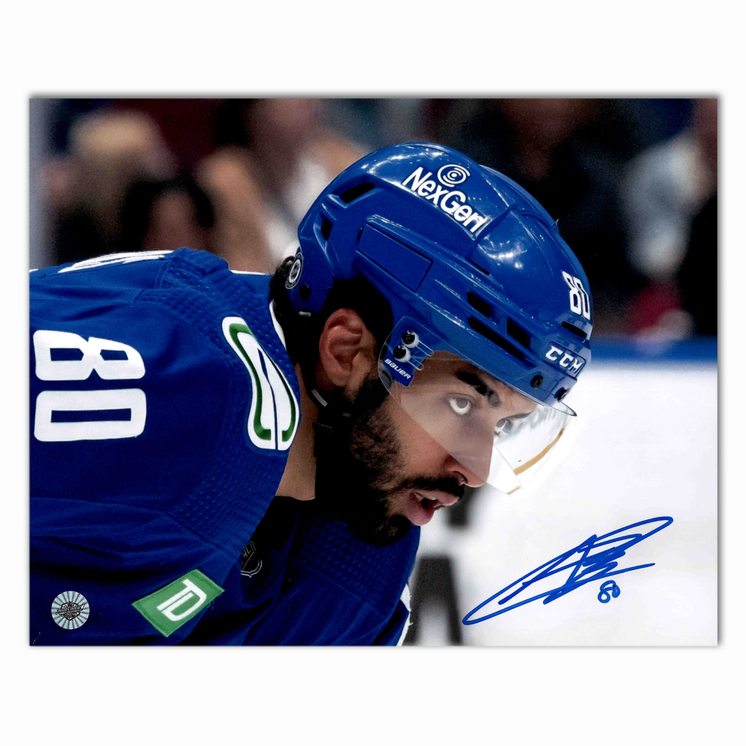 Arshdeep Bains Autographed Vancouver Canucks Home 8x10 Horizontal Photo (Close Up)