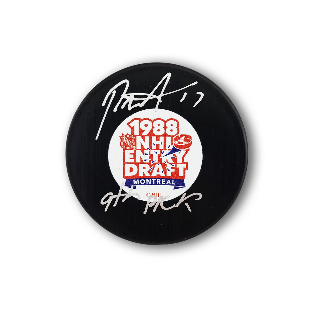 Rod Brind'Amour Autographed 1988 NHL Draft Hockey Puck Inscribed 9th Pick
