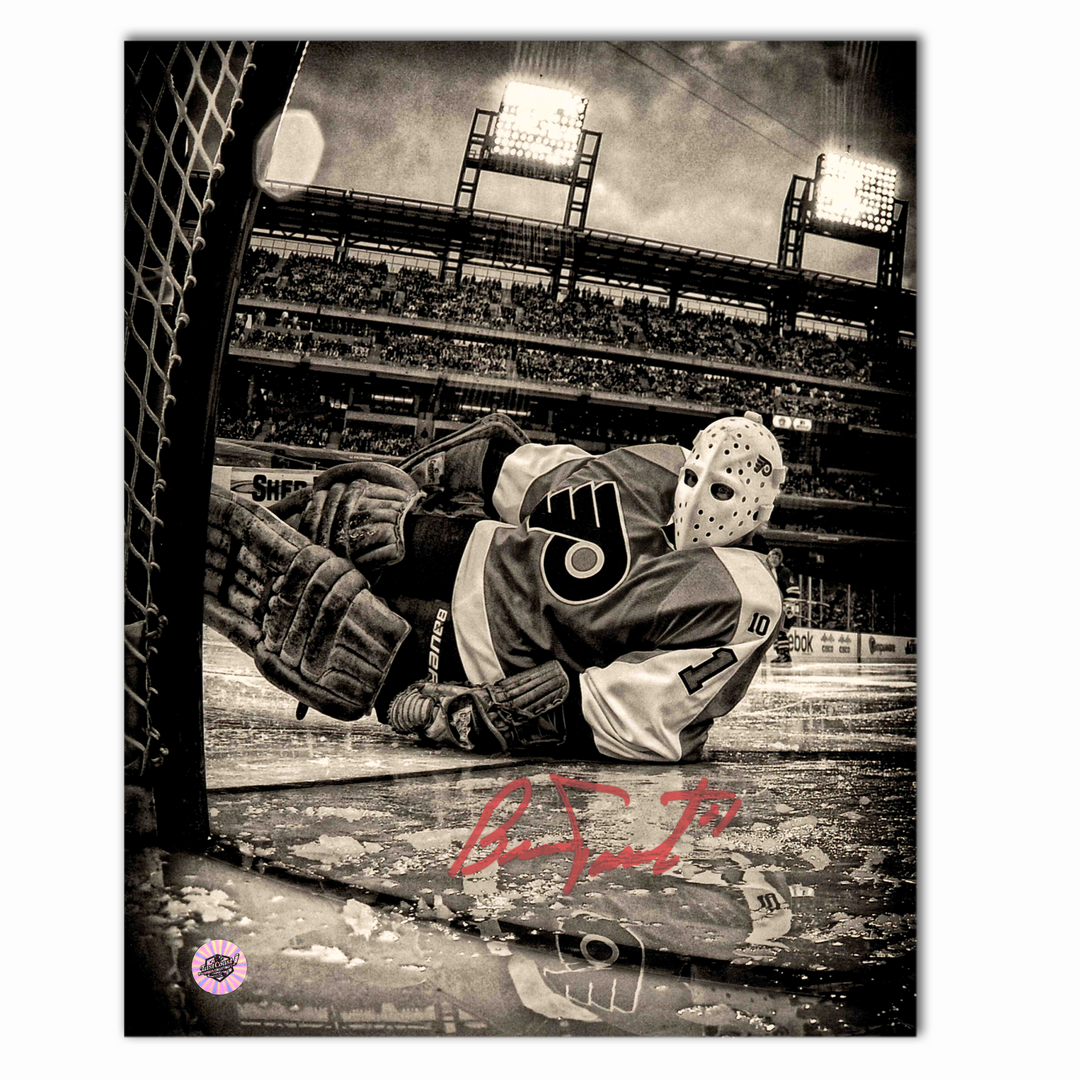 Bernie Parent Autographed Philadelphia Flyers 8x10 Photo (Laying on Ice)