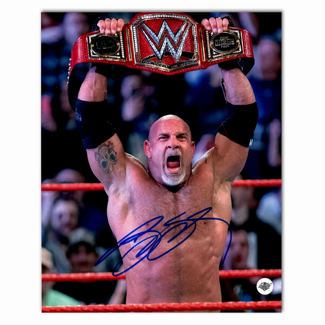 Bill Goldberg Autographed Wrestling 8x10 Photo (Red Belt Over Head)