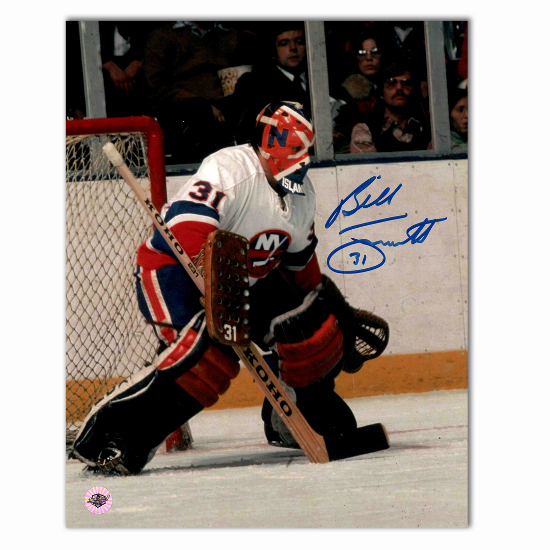 Billy Smith Autographed New York Islanders Away 8x10 Photo (Orange Helmet)