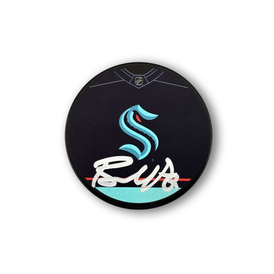 Brandon Montour Autographed Seattle Kraken Jersey Design Hockey Puck
