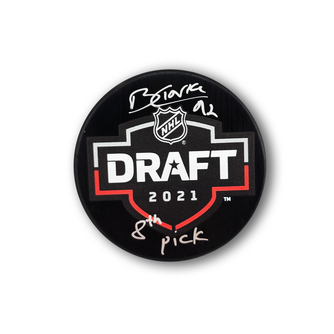 Brandt Clarke Autographed 2021 NHL Draft Hockey Puck Inscribed 8th Pick
