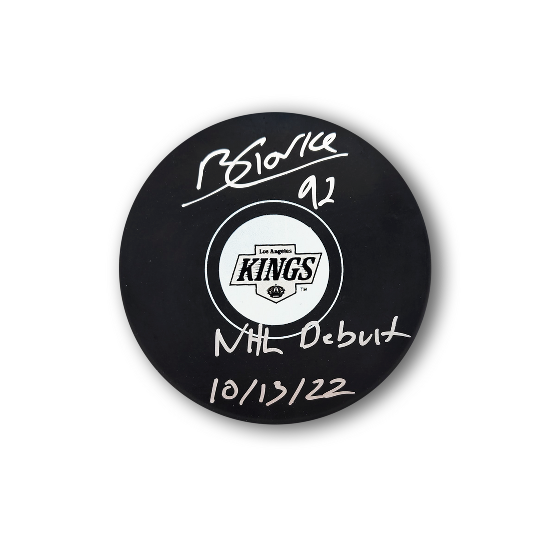 Brandt Clarke Autographed Los Angeles Kings Hockey Puck Inscribed NHL Debut