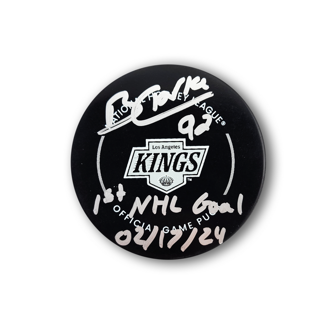 Brandt Clarke Autographed Los Angeles Kings Official Hockey Puck Inscribed 1st NHL Goal