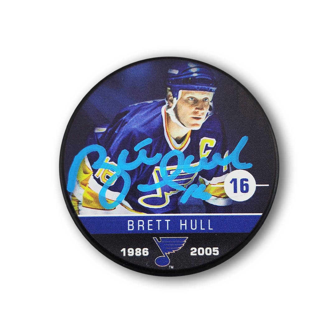Brett Hull Autographed St. Louis Blues Career Hockey Puck