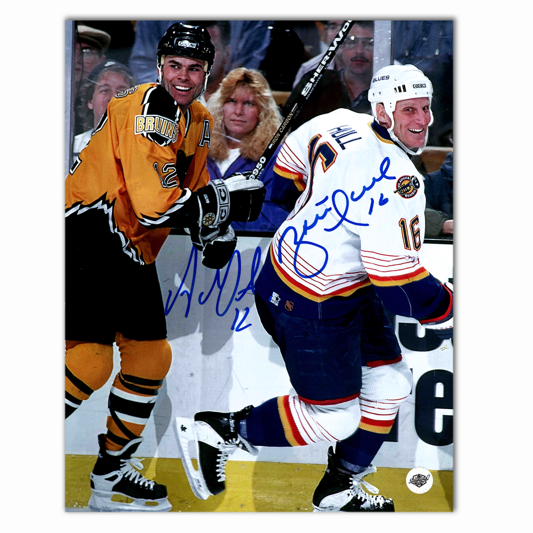 Brett Hull and Adam Oates Autographed St. Louis Blues vs Boston Bruins 8x10 Photo