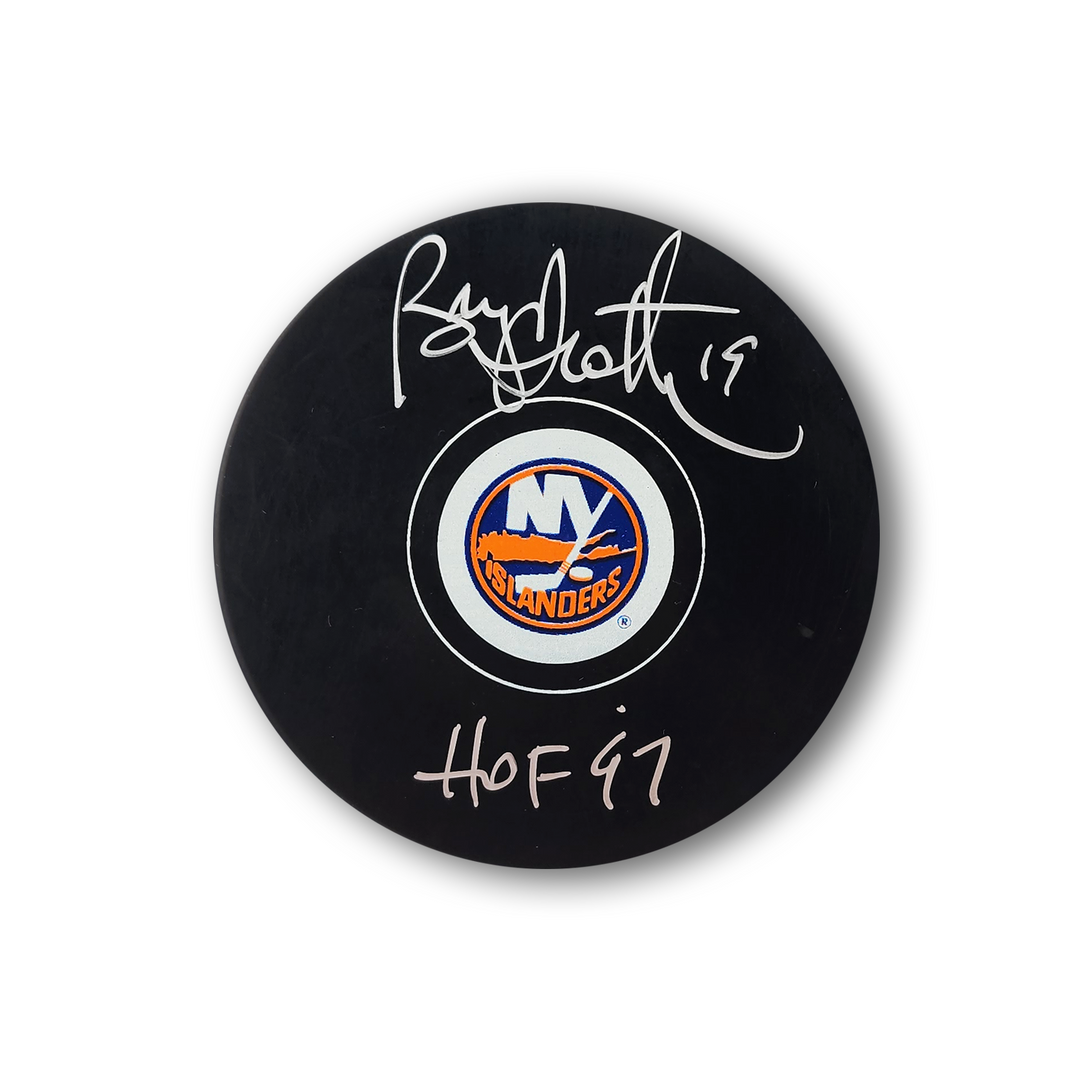 Bryan Trottier Autographed New York Islanders Hockey Puck Inscribed HOF