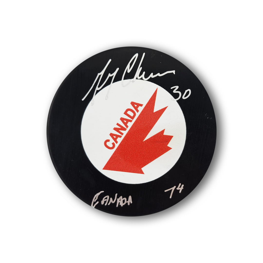 Gerry Cheevers Autographed Team Canada Hockey Puck Inscribed 74