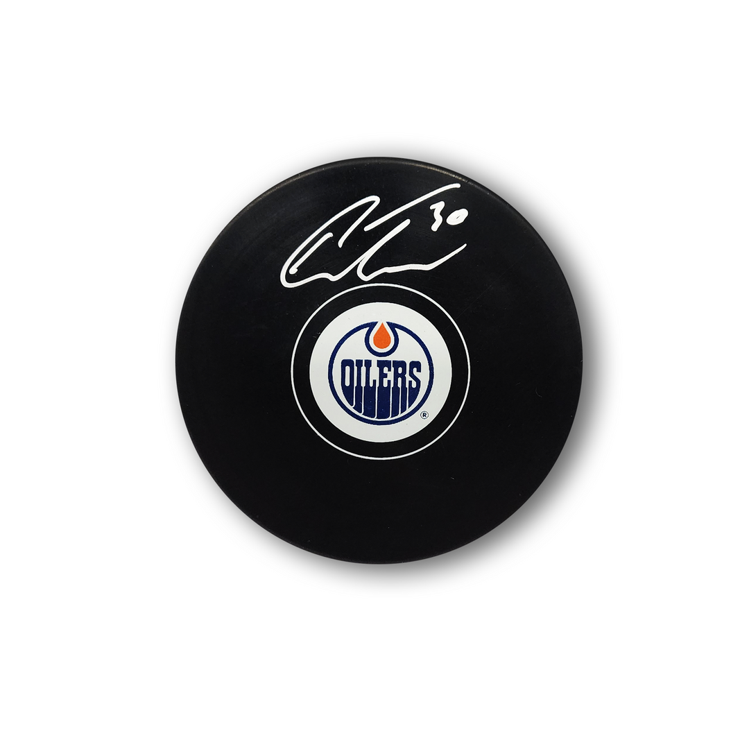 Calvin Pickard Autographed Edmonton Oilers Hockey Puck