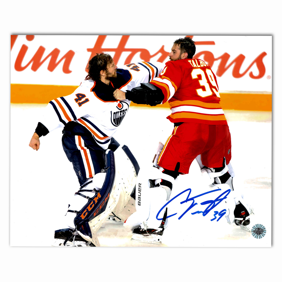 Cam Talbot Autographed Calgary Flames Fighting Mike Smith 8x10 Photo
