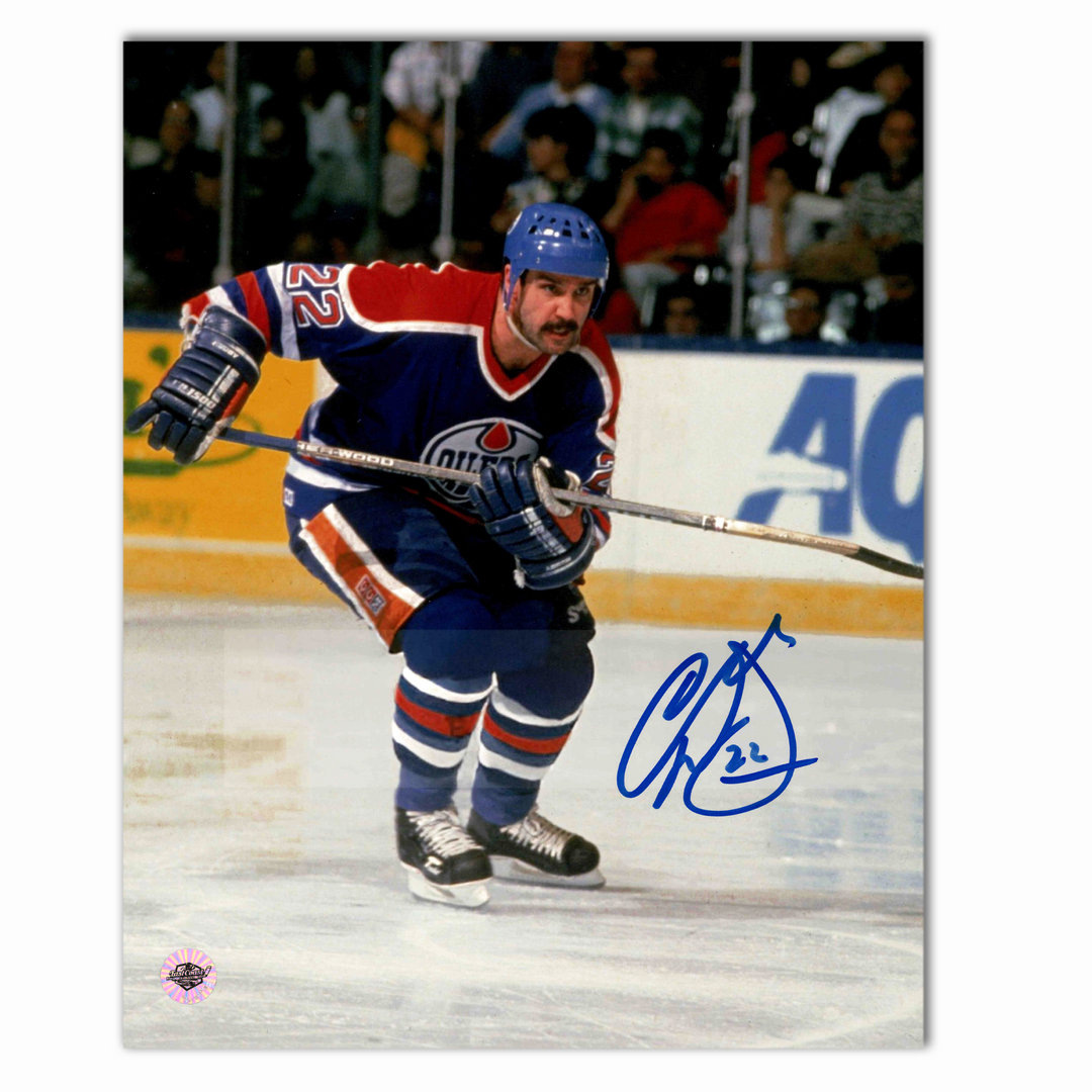 Charlie Huddy Autographed Edmonton Oilers Home 8x10 Photo (Low To Ice)
