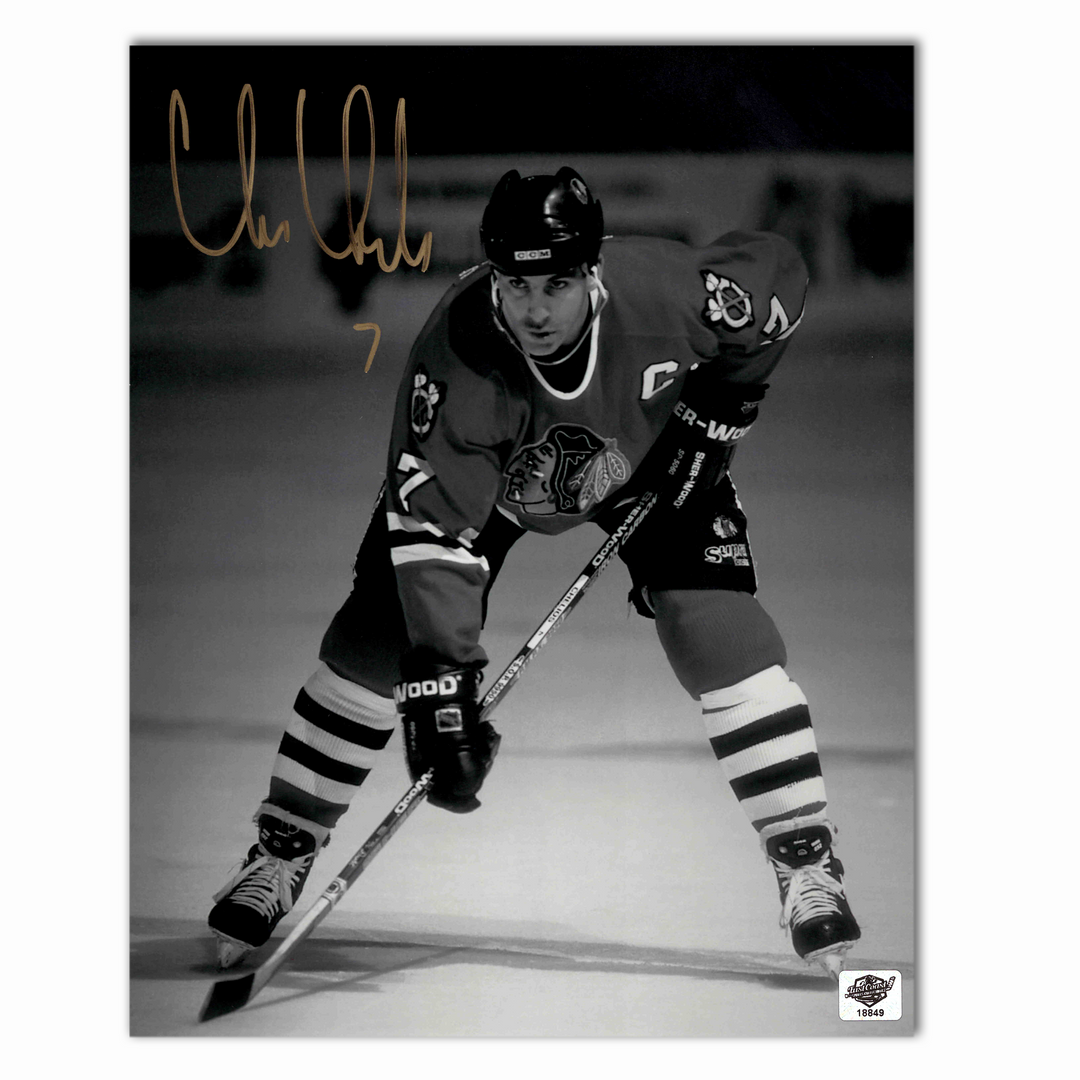 Chris Chelios Autographed Chicago Black Hawks Home 8x10 Photo (B/W)