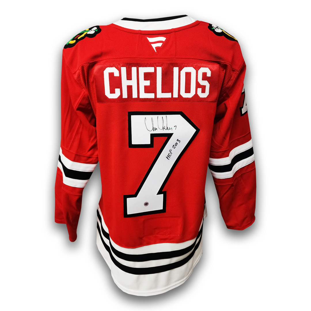Chris Chelios Autographed Chicago Black Hawks Fanatics Premium Jersey Inscribed HOF
