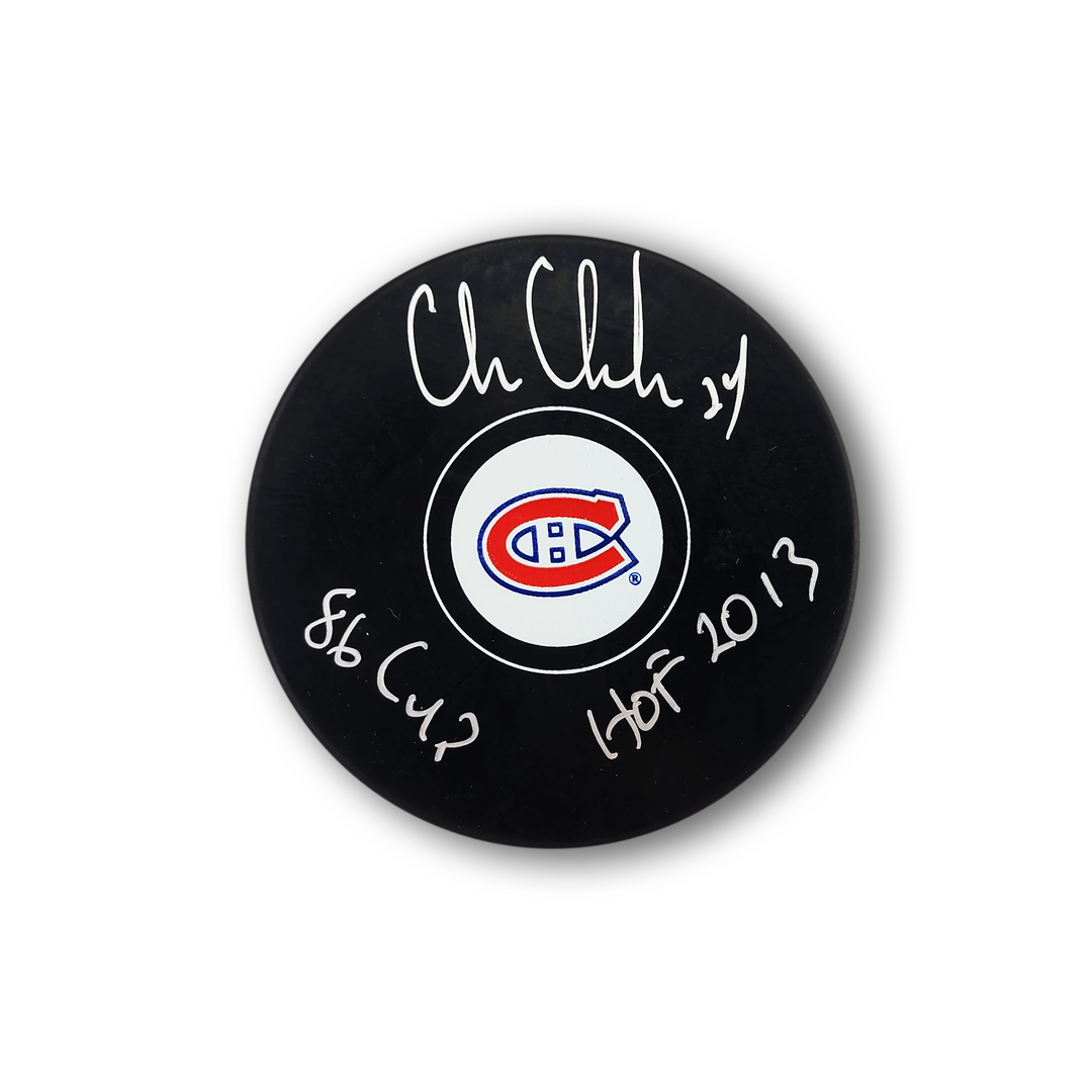 Chris Chelios Autographed Montreal Canadiens Hockey Puck 2x Inscribed