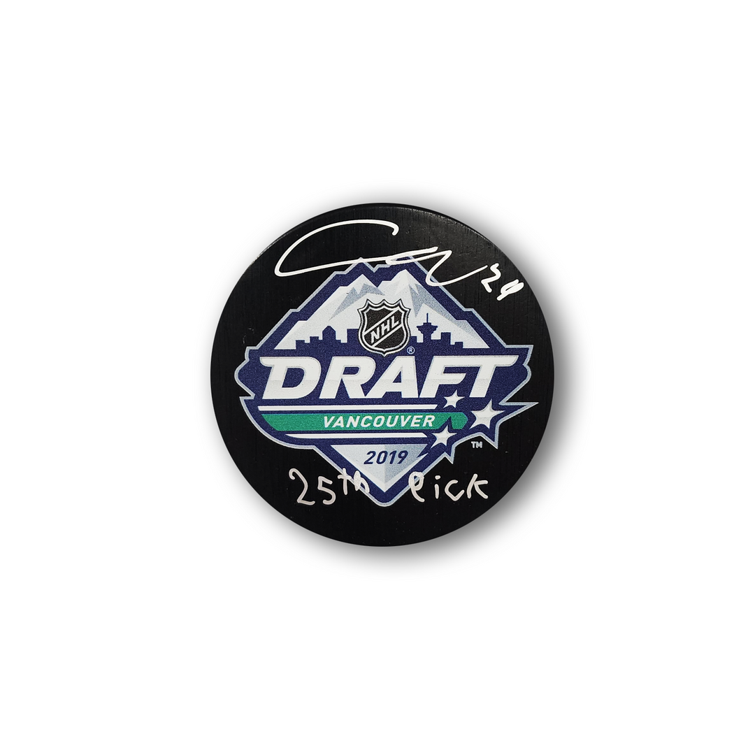 Connor McMichael Autographed 2019 NHL Draft Hockey Puck Inscribed 25th Pick