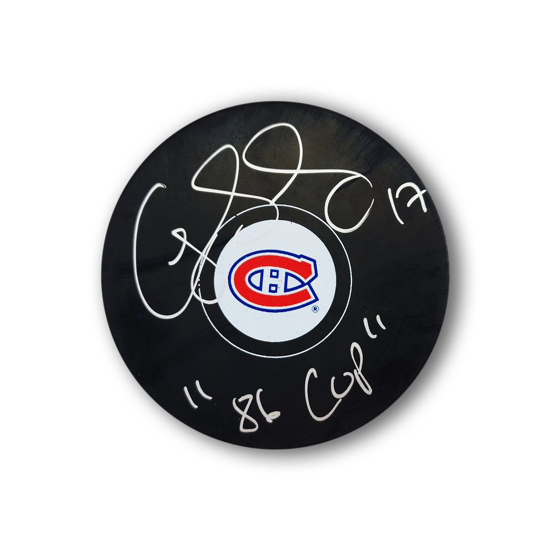 Craig Ludwig Autographed Montreal Canadiens Hockey Puck Inscribed 86 Cup