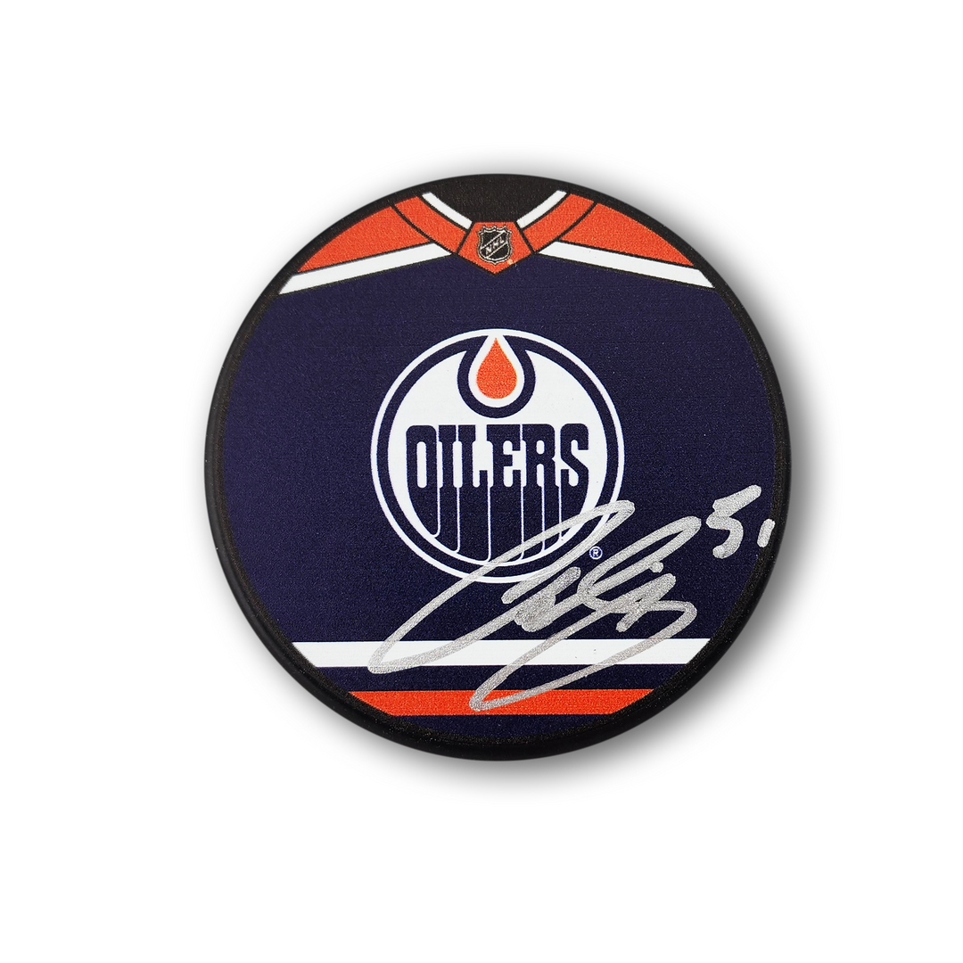 Curtis Joseph Autographed Edmonton Oilers Jersey Design Hockey Puck
