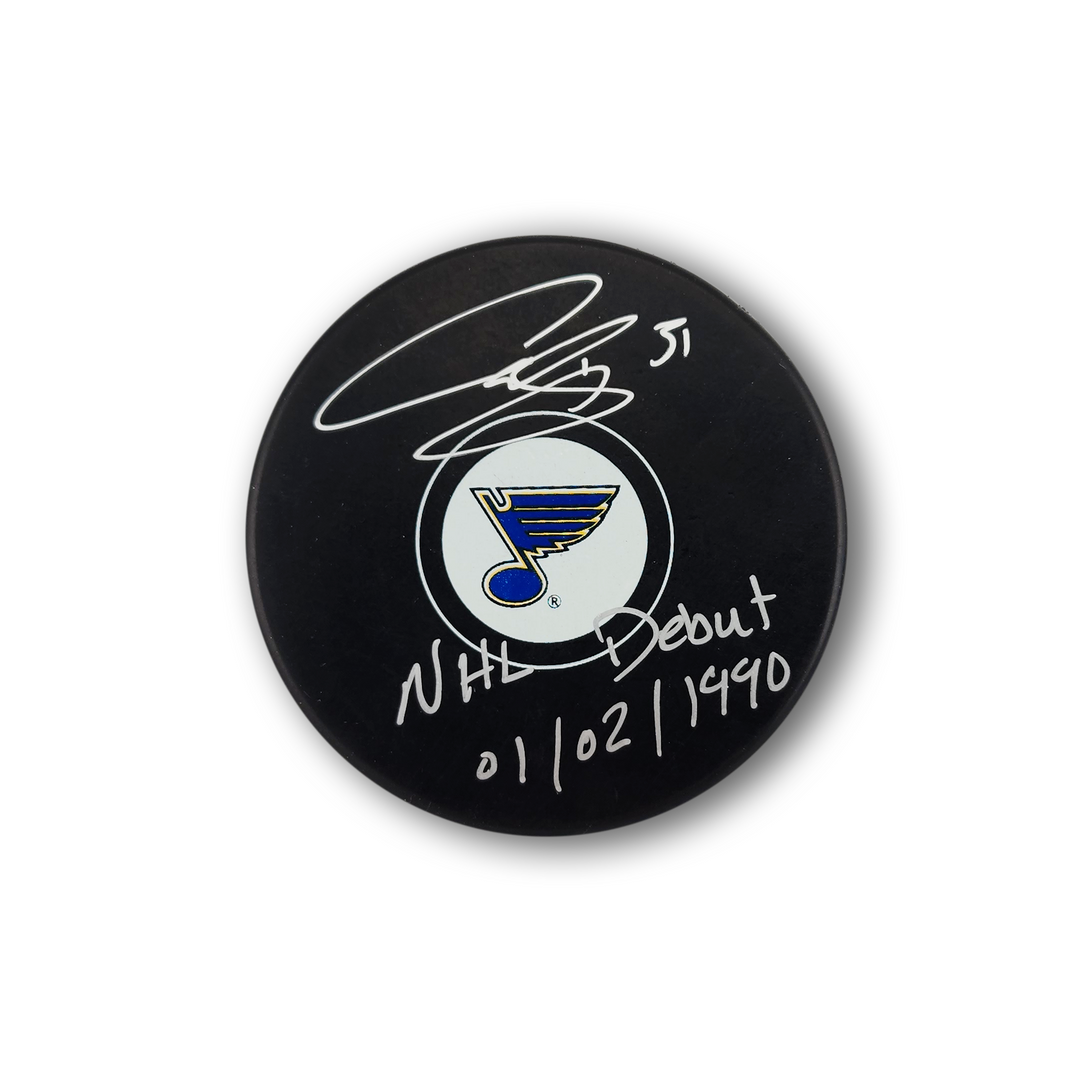 Curtis Joseph Autographed St. Louis Blues Hockey Puck Inscribed NHL Debut