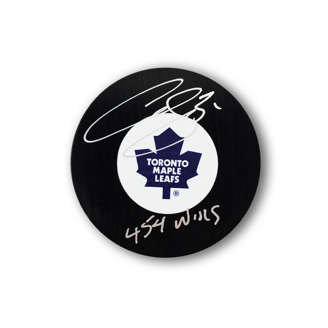 Curtis Joseph Autographed Toronto Maple Leafs Hockey Puck Inscribed 454 Wins