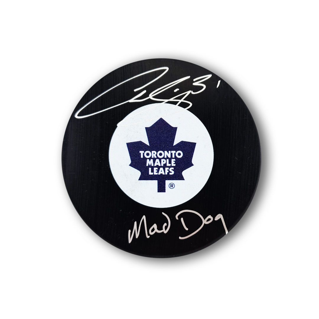Curtis Joseph Autographed Toronto Maple Leafs Hockey Puck Inscribed Mad Dog