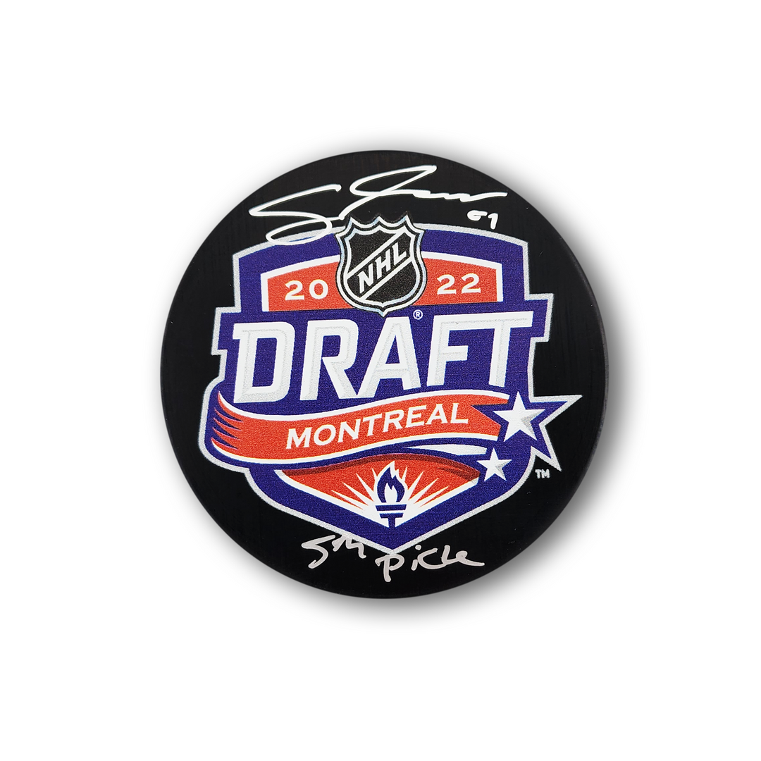 Cutter Gauthier Autographed 2022 NHL Draft Hockey Puck Inscribed 85th Pick