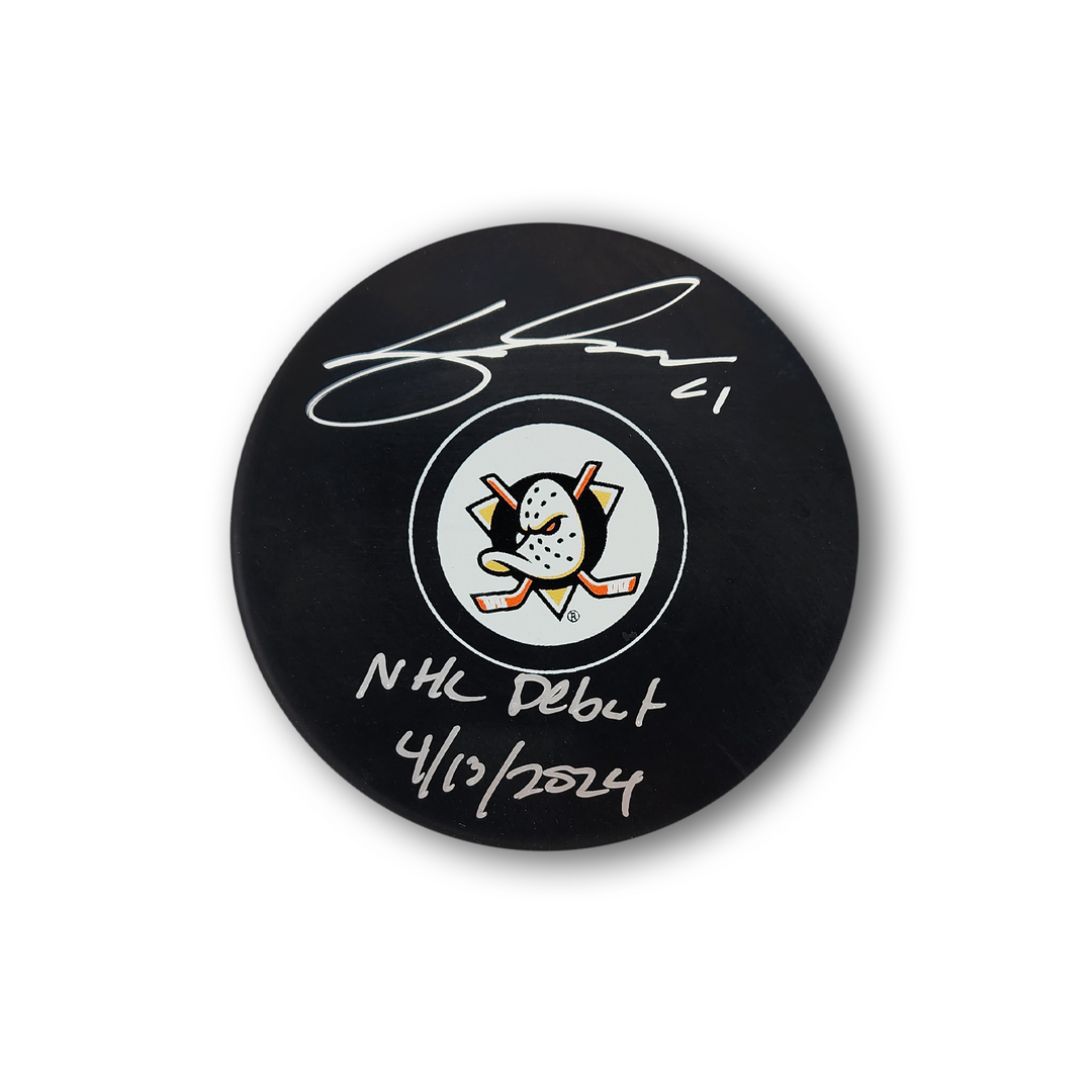Cutter Gauthier Autographed Anaheim Ducks Hockey Puck Inscribed NHL Debut