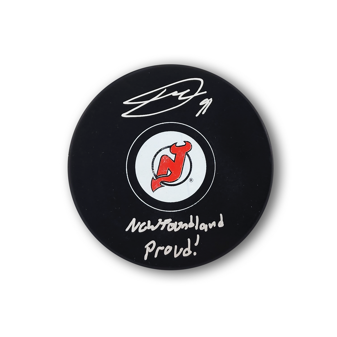 Dawson Mercer Autographed New Jersey Devils Hockey Puck Inscribed Newfoundland Proud