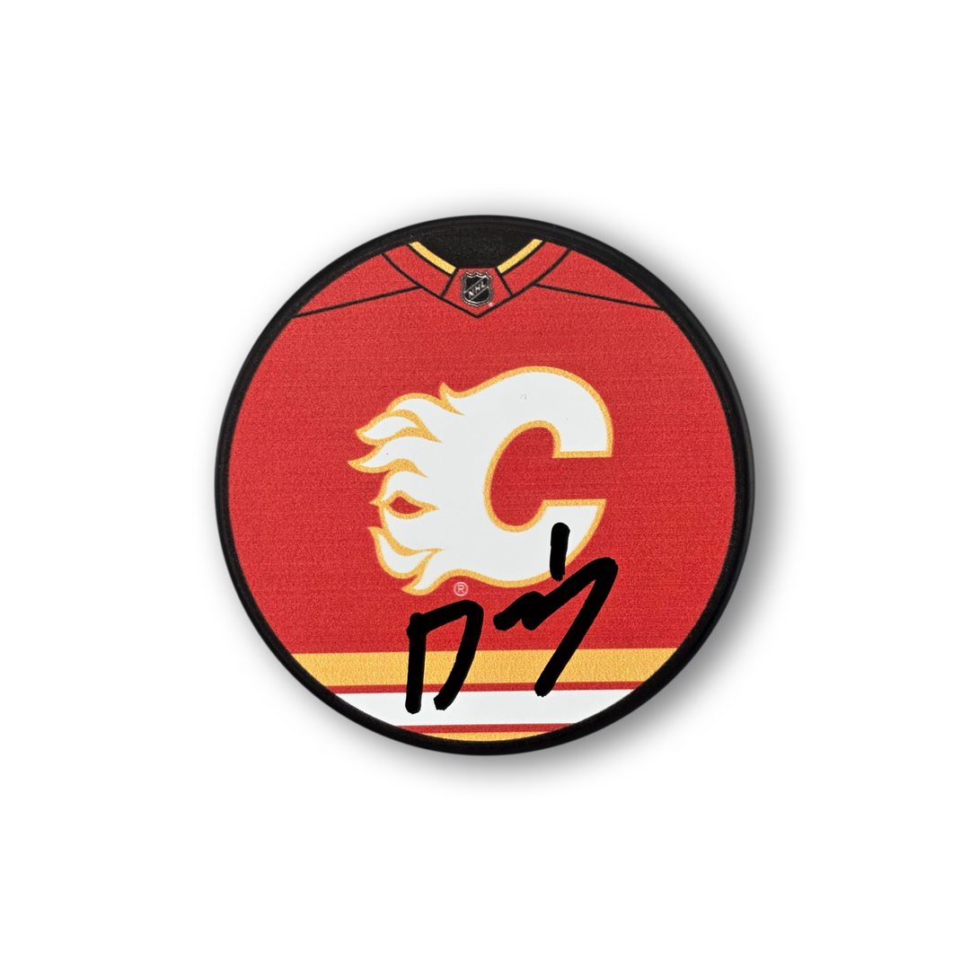 Devin Cooley Autographed Calgary Flames Jersey Design Hockey Puck