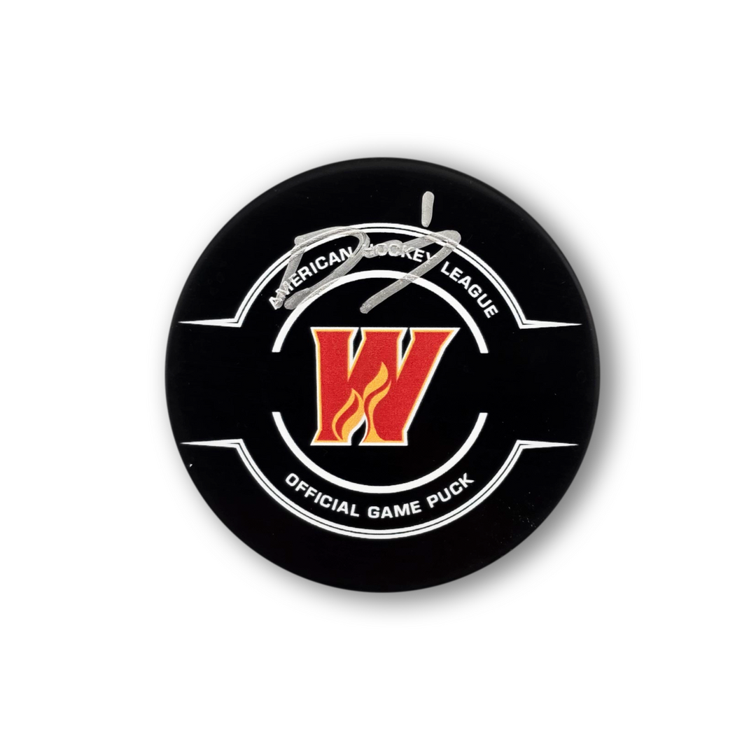 Devin Cooley Autographed Calgary Wranglers Official Hockey Puck
