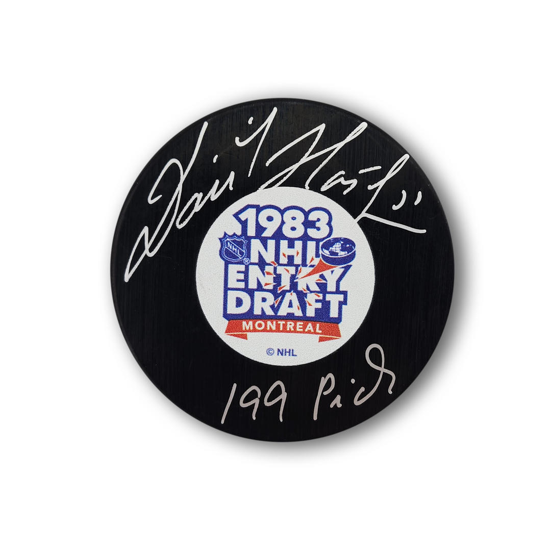 Dominik Hasek Autographed 1983 NHL Draft Hockey Puck Inscribed 199th Pick