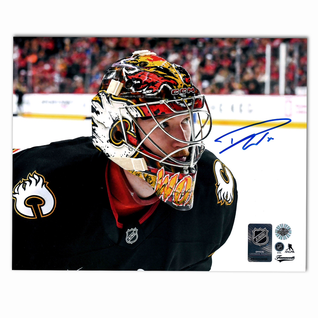 Dustin Wolf Autographed Calgary Flames Alternate Close Up 8x10 Photo