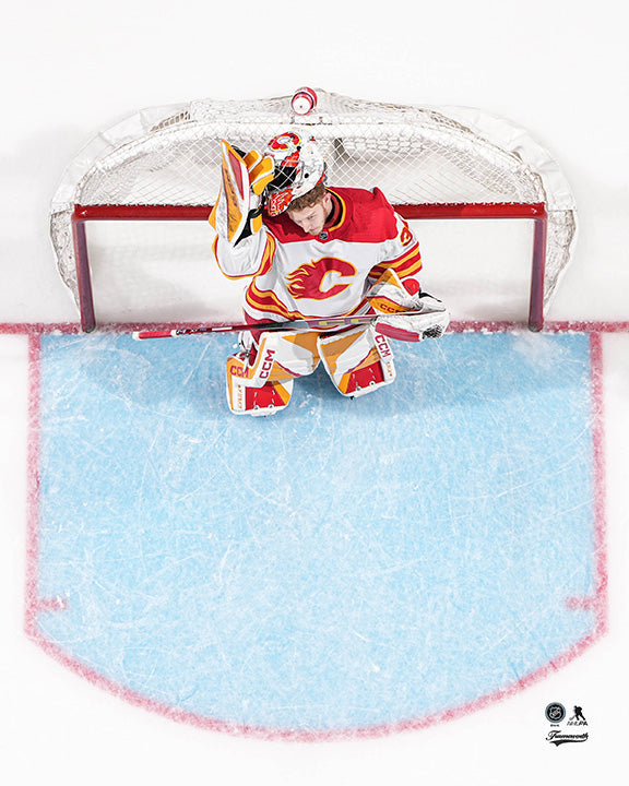 Pre-Order - Dustin Wolf Autographed Calgary Flames Away with Mask Off 8x10 Photo
