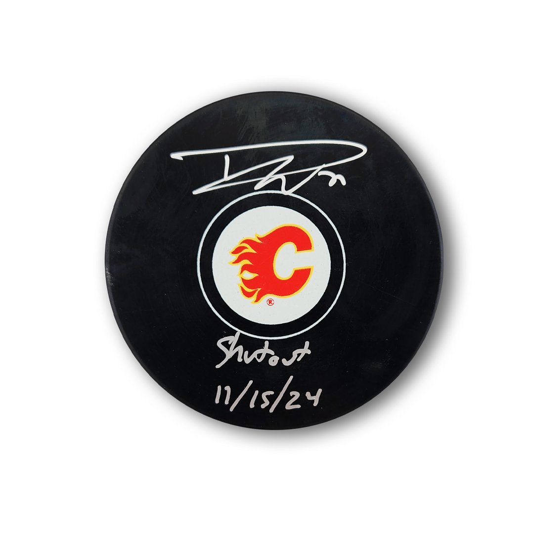 Dustin Wolf Autographed Calgary Flames Hockey Puck Inscribed 1st Shutout