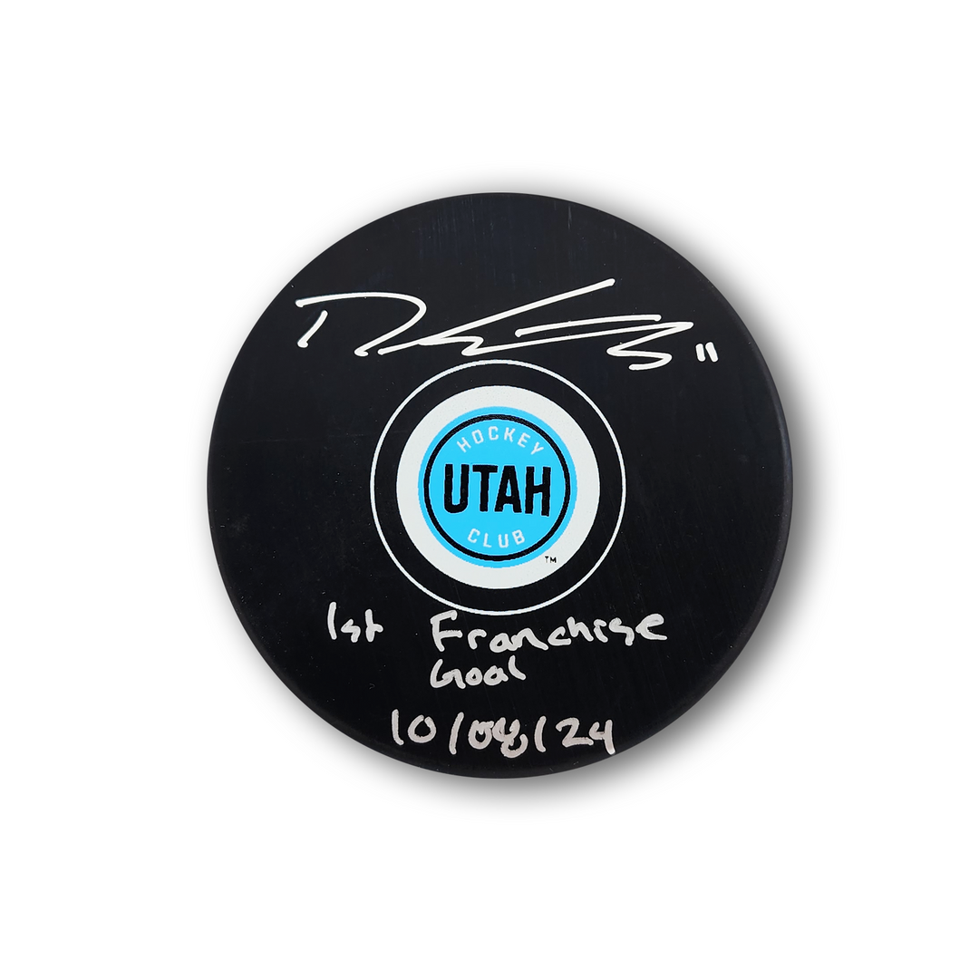 Dylan Guenther Autographed Utah Hockey Club Hockey Puck 1st Franchise Goal Utah Club